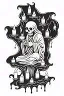 floating body under sheet ghost surrounded by candles tattoo design idea