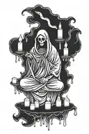 floating body under sheet ghost surrounded by candles tattoo design idea