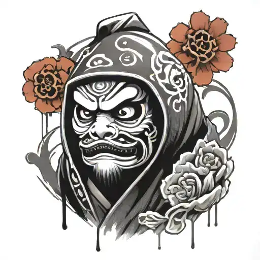 Create a realistic portrait of a Daruma doll surrounded by Japanese graffiti art tattoo design idea