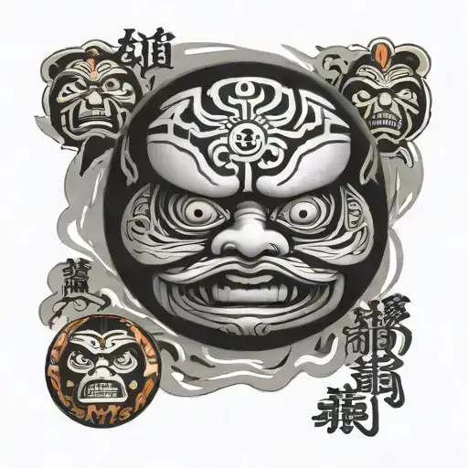 Create a realistic portrait of a Daruma doll surrounded by Japanese graffiti art tattoo design idea