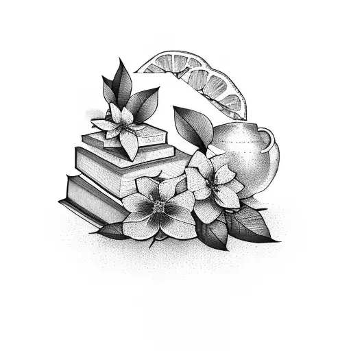 A stack of books with lemon tree flowers blooming from between the pages tattoo design idea