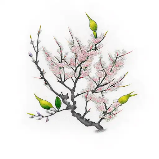 A bouquet of cherry blossoms and lemon tree flowers intertwined with an olive branch tattoo design idea