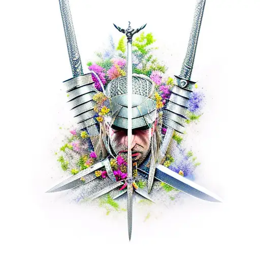 Witcher sword in the ground with flowers tattoo design idea