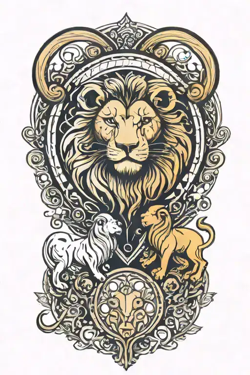 lion and ram in love inside a moon outline  tattoo design idea