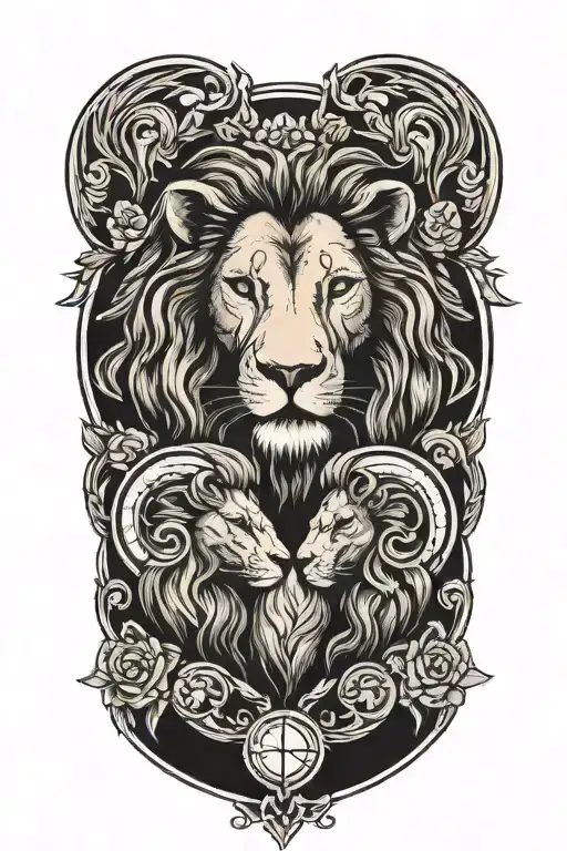 lion and ram in love inside a moon outline  tattoo design idea