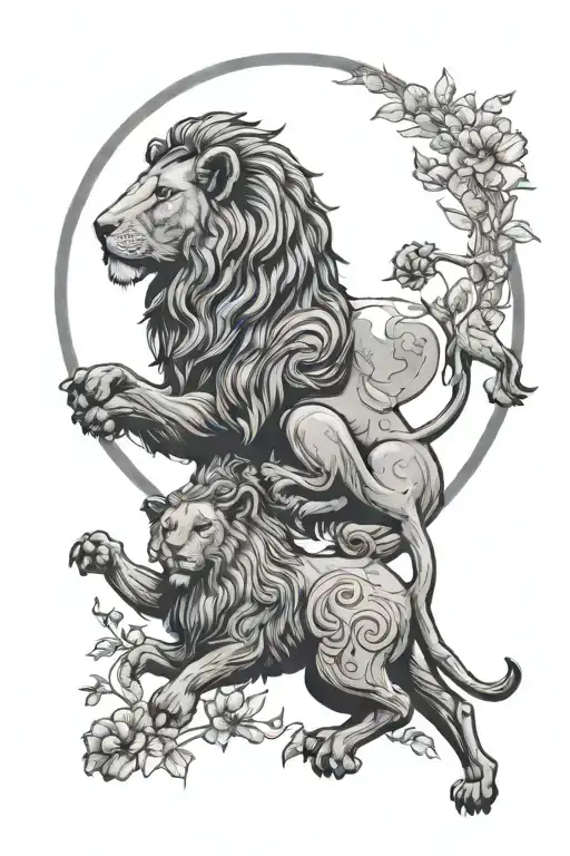 lion and ram in love inside a moon outline  tattoo design idea