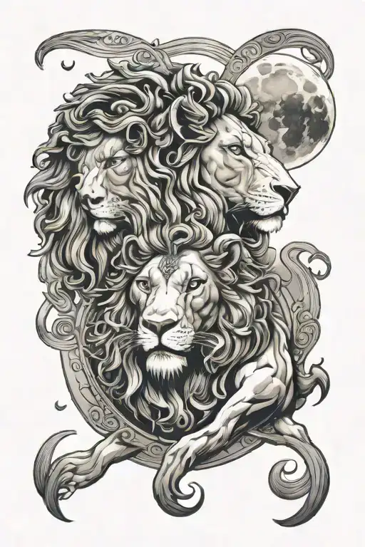 lion and ram in love inside a moon tattoo design idea