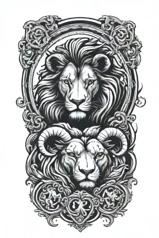 lion and ram in love inside a moon outline  tattoo design idea