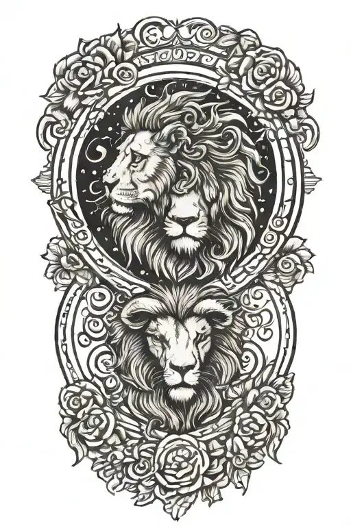 lion and ram in love inside a moon outline  tattoo design idea
