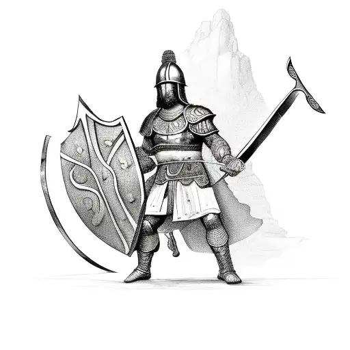A chef in traditional gladiator armor, holding a sword and shield in a mythological landscape tattoo design idea