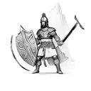 A chef in traditional gladiator armor, holding a sword and shield in a mythological landscape tattoo design idea