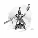 A chef in traditional gladiator armor, holding a sword and shield in a mythological landscape tattoo design idea