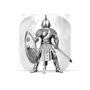 A chef in traditional gladiator armor, holding a sword and shield in a mythological landscape tattoo design idea