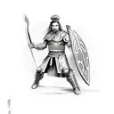 A chef in traditional gladiator armor, holding a sword and shield in a mythological landscape tattoo design idea