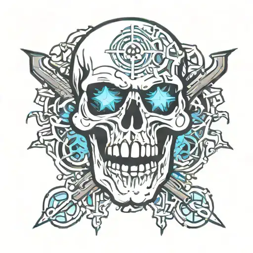 bo2 logo in the background with the blue-eyed skull of the bo2 zombie tattoo design idea