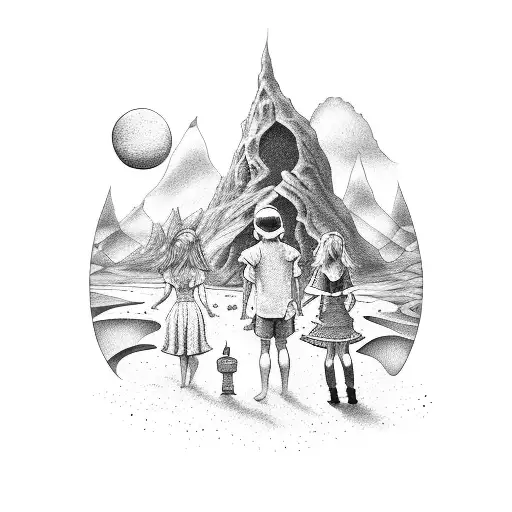 A black-grey tattoo design depicting your four children and Alice in Wonderland exploring a mystical beach landscape together tattoo design idea