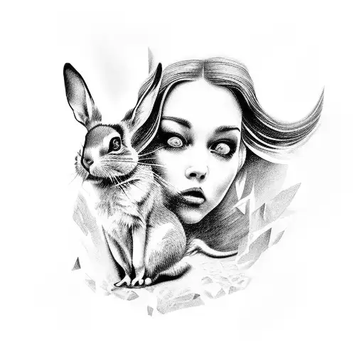 A black-grey tattoo of Alice falling down the rabbit hole with a mix of realistic and abstract elements tattoo design idea