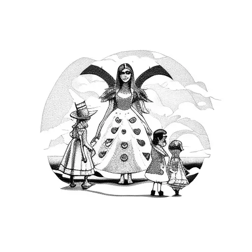 A dotwork tattoo showcasing your four children as Alice in Wonderland characters, enjoying a day at the beach with your husband tattoo design idea