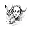 A black-grey tattoo of Alice falling down the rabbit hole with a mix of realistic and abstract elements tattoo design idea