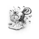 A black-grey tattoo of Alice falling down the rabbit hole with a mix of realistic and abstract elements tattoo design idea