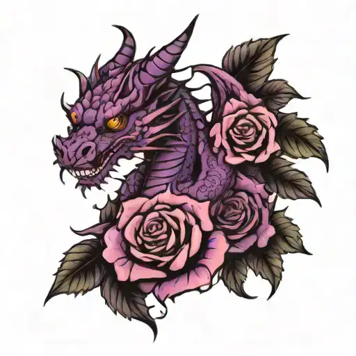purple dragon black roses tattoo design idea