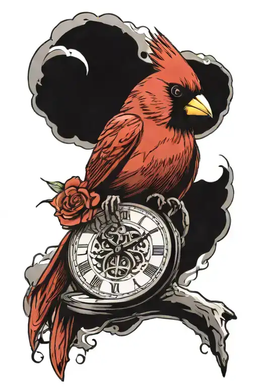 cardinal holding a broken pocket watch tattoo design idea