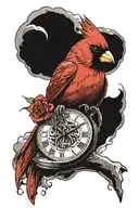 cardinal holding a broken pocket watch tattoo design idea