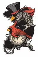 cardinal holding a broken pocket watch tattoo design idea