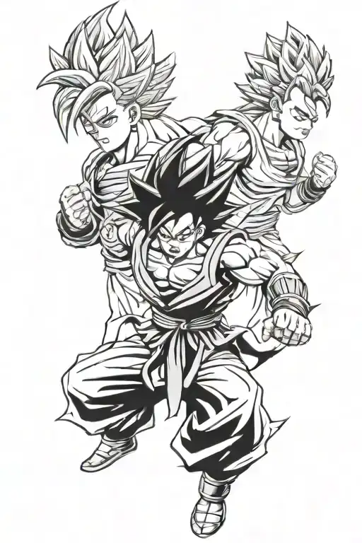 Super Gogeta with a small fusion pose at the bottom of Goku and Vegeta tattoo design idea