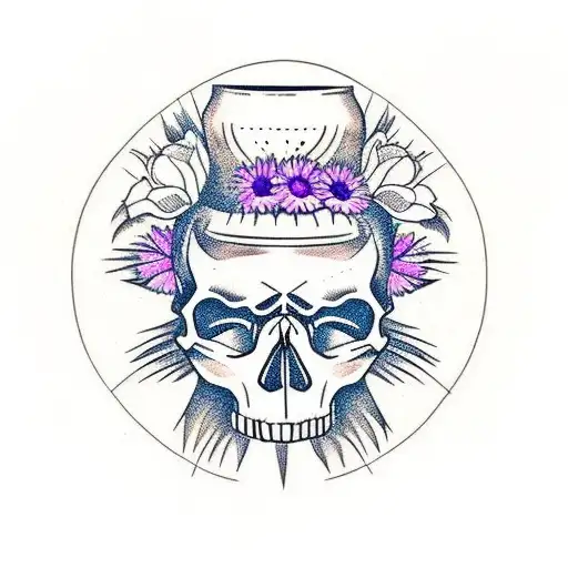 skull of a racoon with morning glory flower in antique bottle vase and aster tattoo design idea