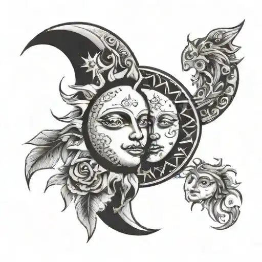 Sun and moon twin bohemian  tattoo design idea