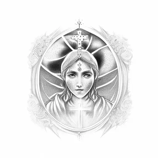 An ethereal and dreamlike design incorporating elements of Spanish language and Catholic symbolism, with a touch of fantasy tattoo design idea