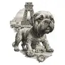 a dog in front of the eiffel tower tattoo design idea