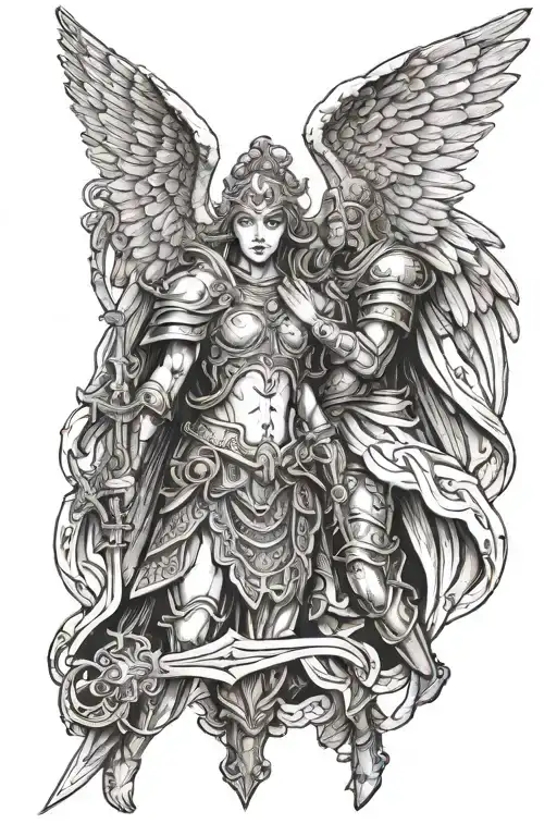 angel and warrior holding tattoo design idea
