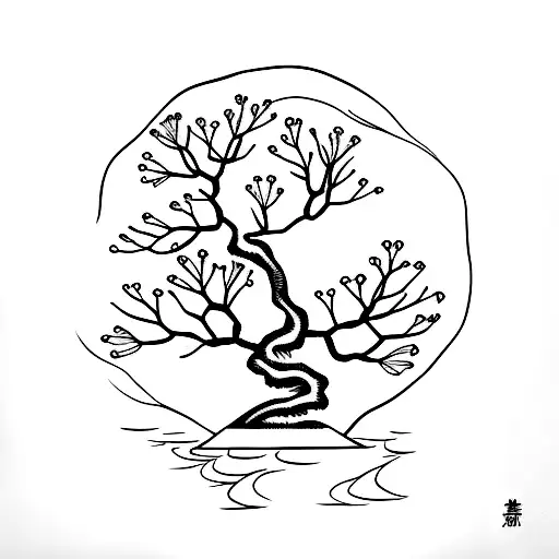 A minimalist tattoo of a bonsai tree surrounded by water and flowers tattoo design idea