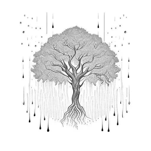 An intricate blackwork tattoo of a majestic tree with water droplets falling from its branches tattoo design idea