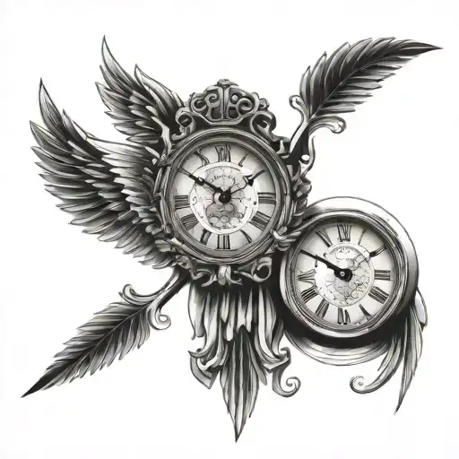 Roman numeral clock and wing tattoo design idea