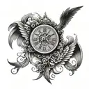 Roman numeral clock and wing tattoo design idea