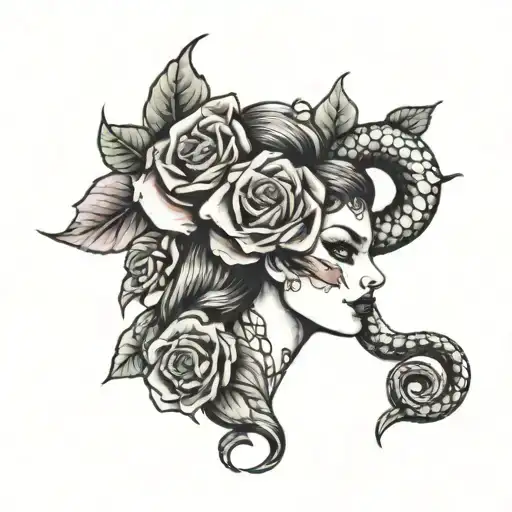 girl, snake, broken heart, rose tattoo design idea