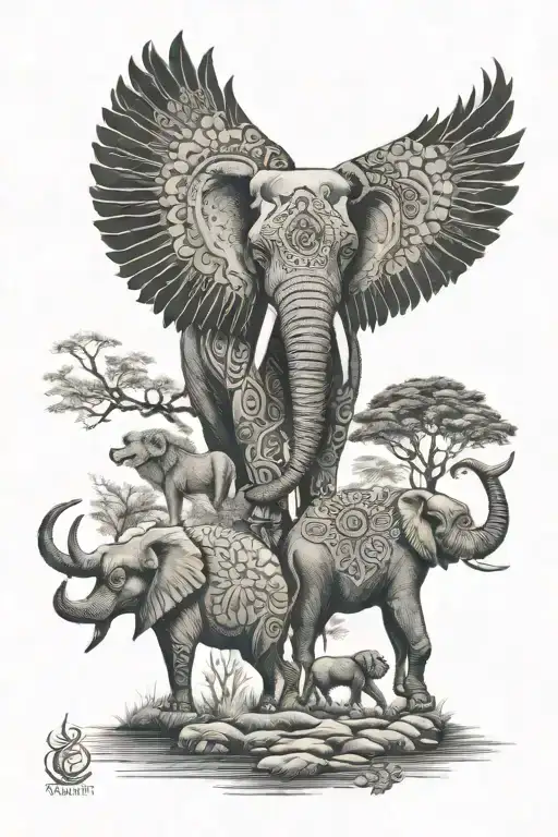 A tattoo design incorporating animals native to India, Uganda, and Kenya in a harmonious scene tattoo design idea