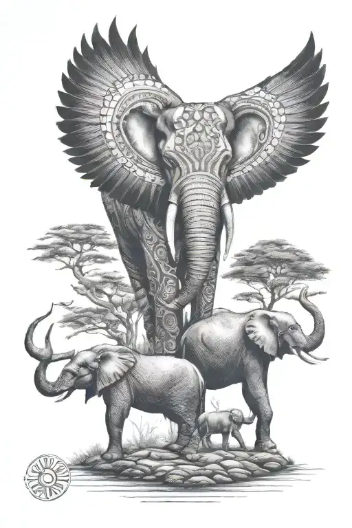 A tattoo design incorporating animals native to India, Uganda, and Kenya in a harmonious scene tattoo design idea