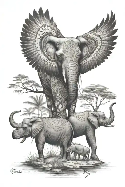 A tattoo design incorporating animals native to India, Uganda, and Kenya in a harmonious scene tattoo design idea