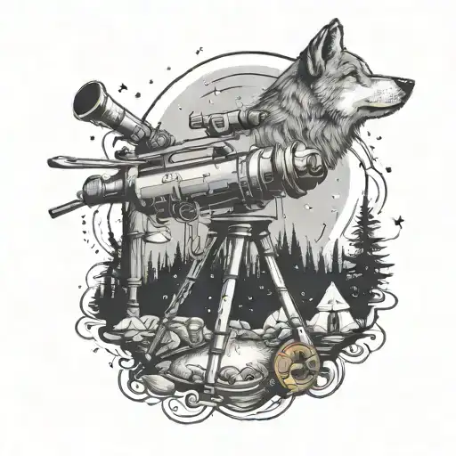 A telescope pointing at a wolf constellation in a night sky filled with camping gear and cooking utensils tattoo design idea