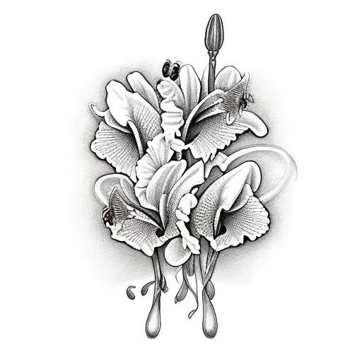 iris, lily, azalea, and orchid flowers with butterflies and honeybee with snake wrapped around a dagger tattoo design idea