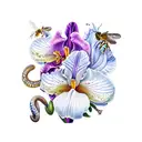 iris, lily, azalea, and orchid flowers with butterflies and honeybee with snake wrapped around a dagger tattoo design idea