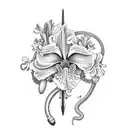 iris, lily, azalea, and orchid flowers with butterflies and honeybee with snake wrapped around a dagger tattoo design idea