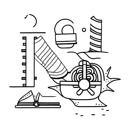 A minimalist tattoo of a beach scene with a book and a dumbbell tattoo design idea