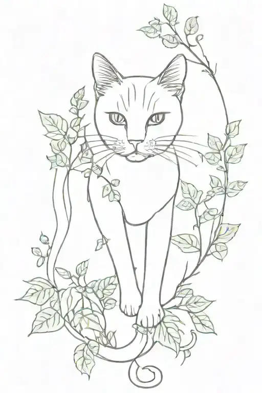 fine line walking cat surrounded by poison ivy vines tattoo design idea