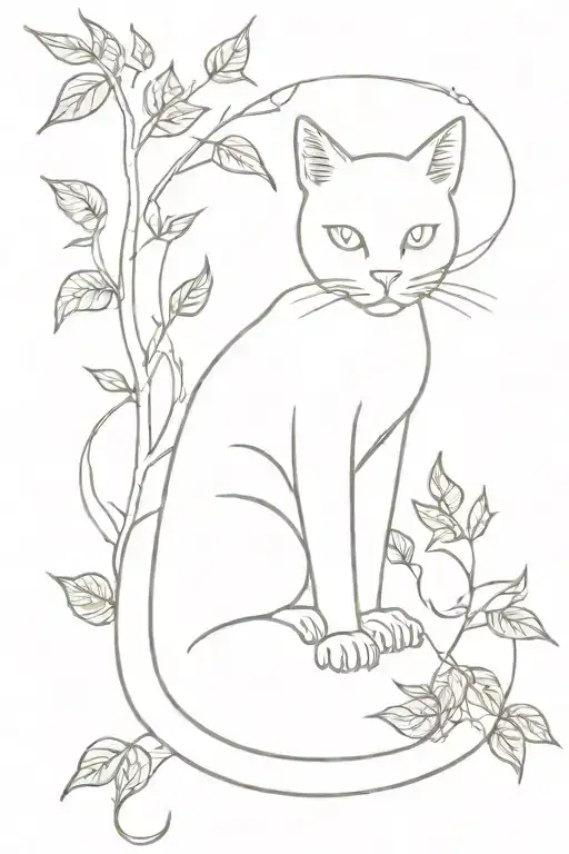 Outline of  Sitting cat surrounded by poison ivy vines tattoo design idea