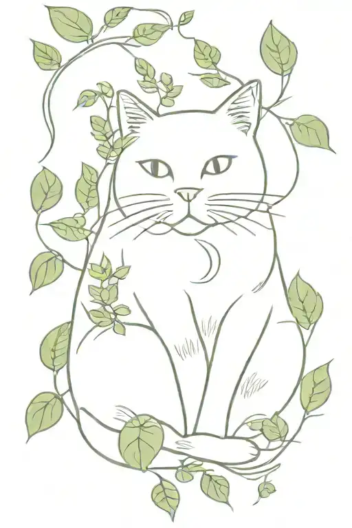 Fat sitting  cat surrounded by poison ivy vines tattoo design idea